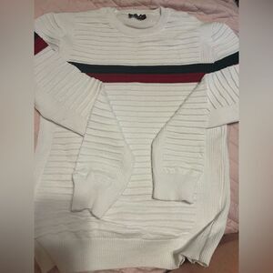 TM Exposure Classic Crew Neck Sweater in White Green and Red Stripes